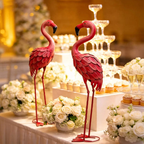 YOUKI garden flamingos, pair display adding whimsical charm to yard.