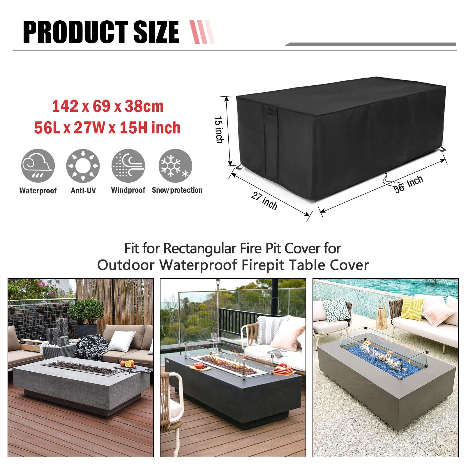 Youlvy fire pit cover 56x27 waterproof with inner silver coating detail.