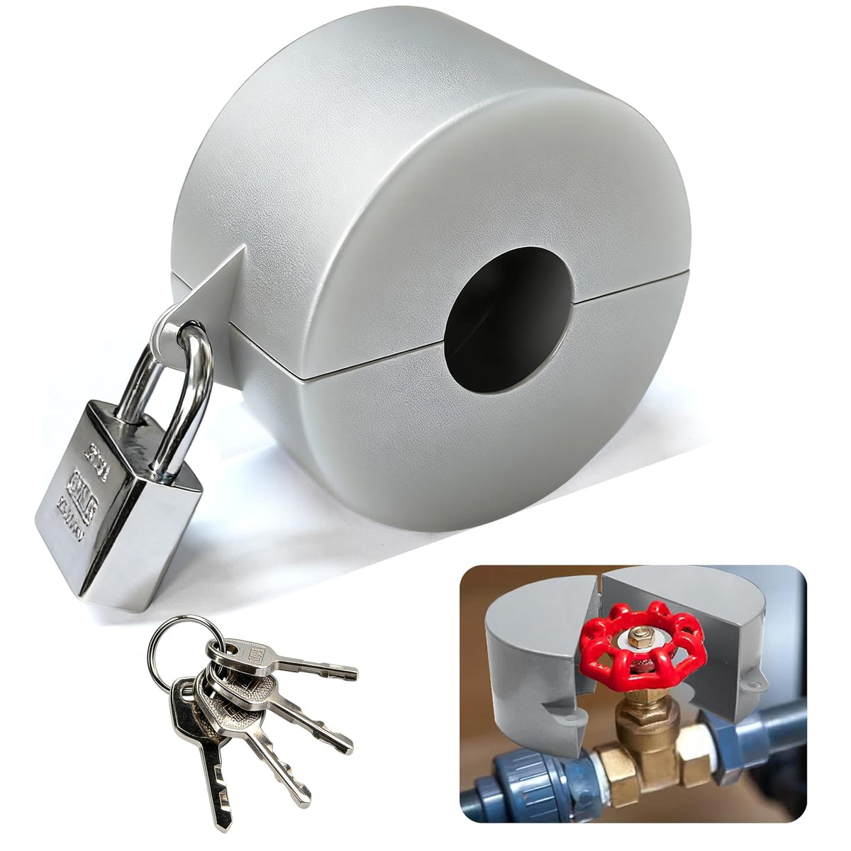 Young Dance gate valve locking device in silver secures outdoor valve handles