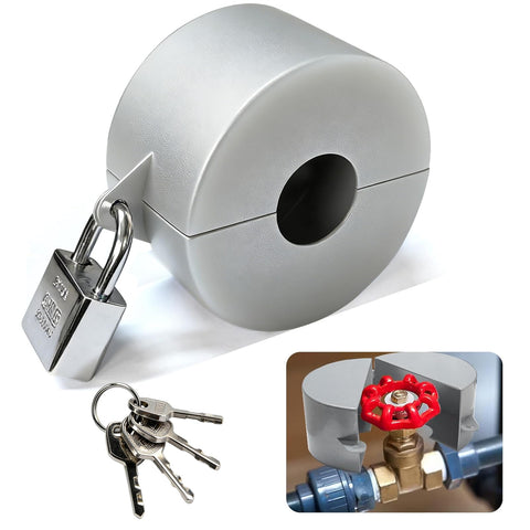 Young Dance gate valve locking device in silver secures outdoor valve handles