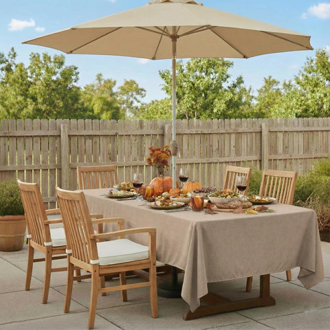 YoungSeahome tablecloth on a patio dining setup with easy zipper.