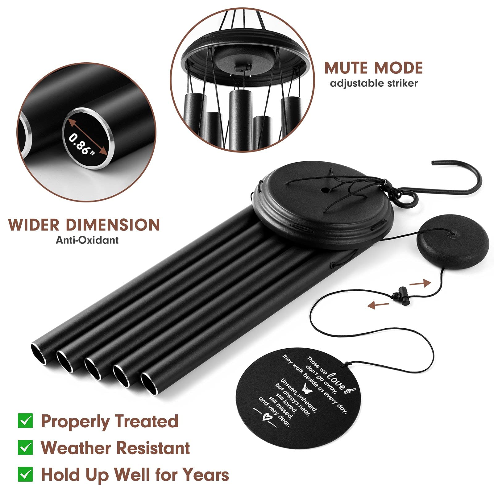 Close-up of YOUNTASY wind chimes tubes and sturdy hanger display quality.