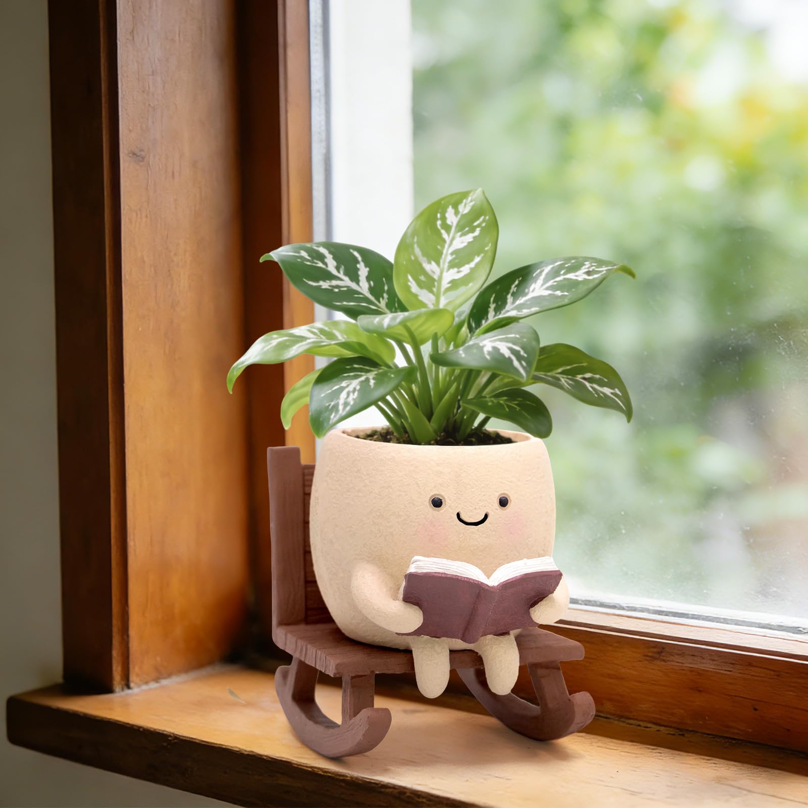 YOUOIVIA rocking-chair book planter with smiley face for cozy home display