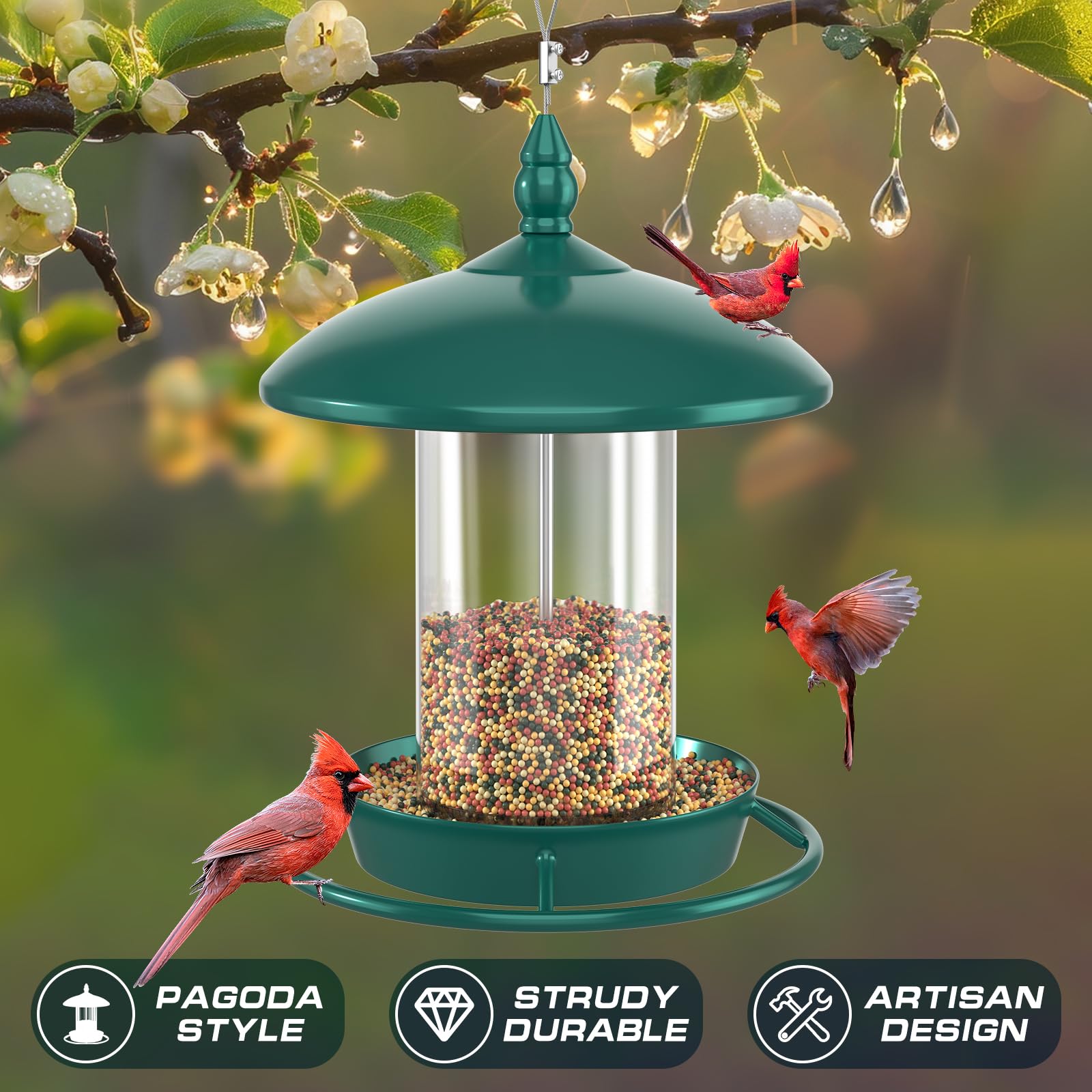 Youvip double-green feeders hanging system demonstrates adjustable height for placement.