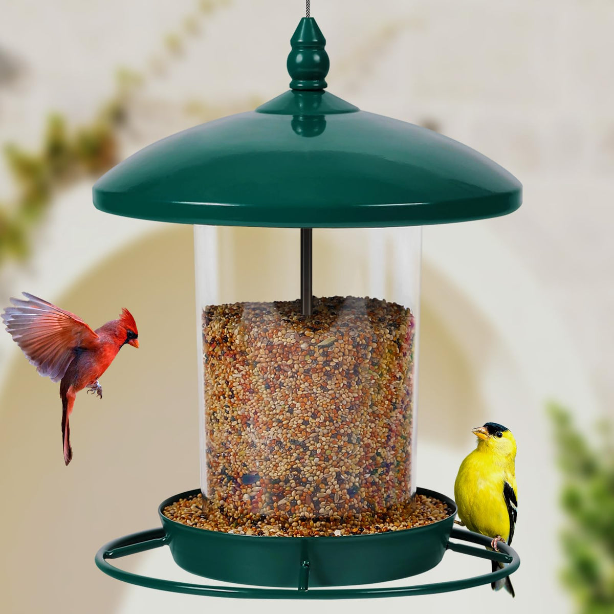 Youvip metal bird feeder outdoors hanging demonstrates durable build for year-round feeding.