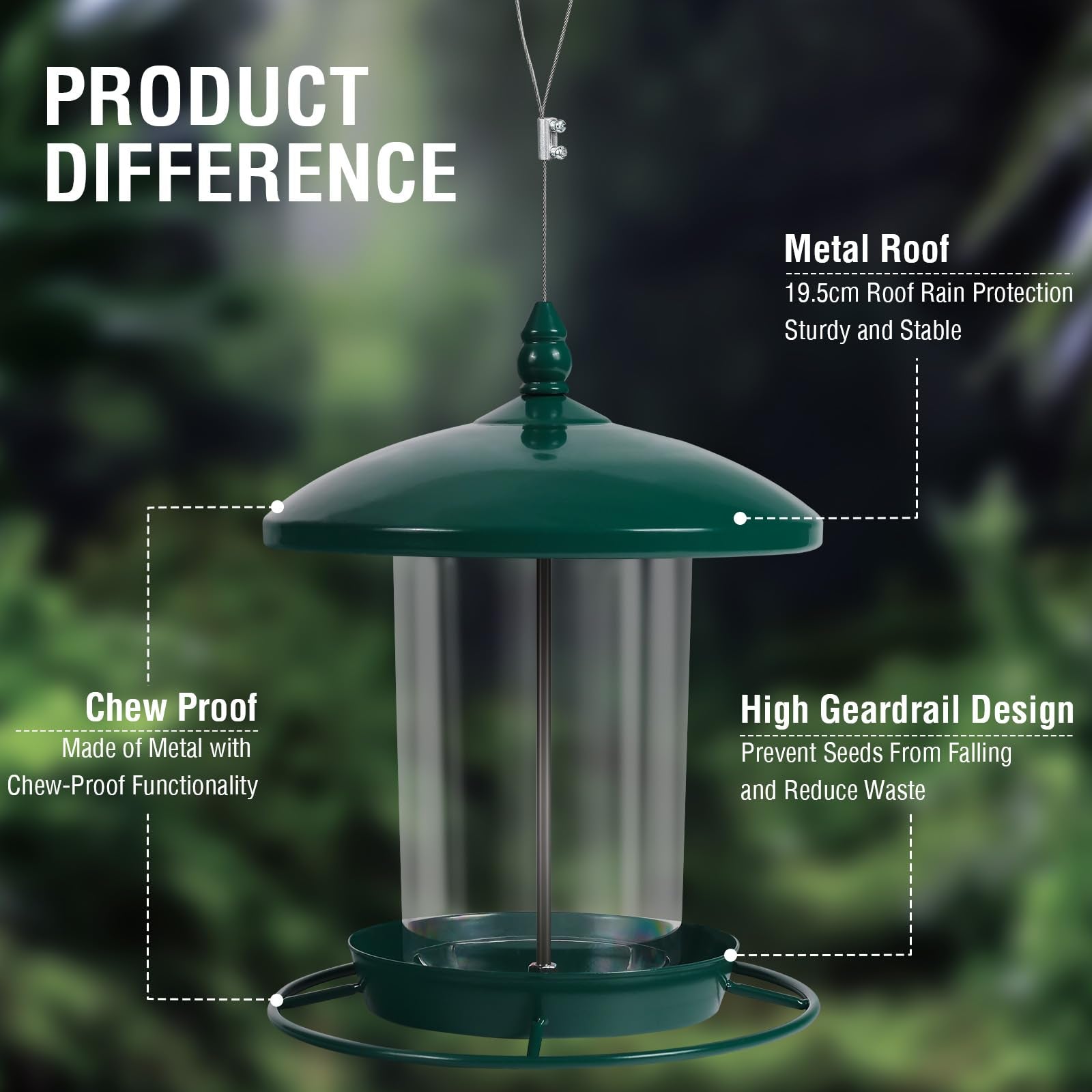 Youvip weatherproof roof keeps seed dry even through rain showers.