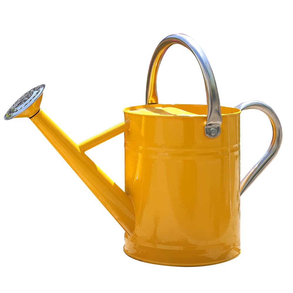 yourjoy Metal Watering Can one gallon yellow side view ideal for indoor and outdoor watering