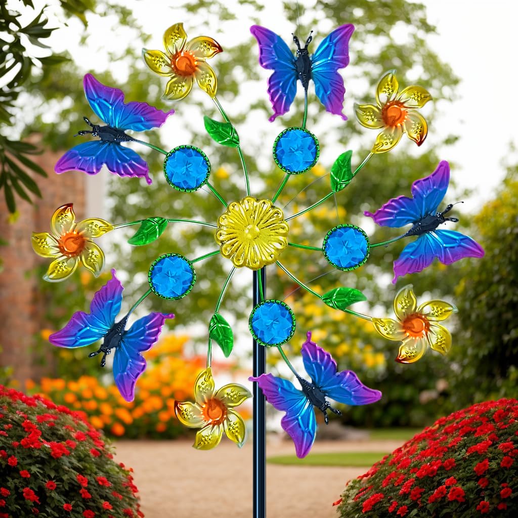 Yourongmao ground stake wind spinner stands 44 inches tall for yard display.