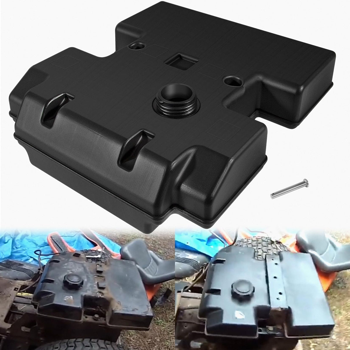Yourour 3.5 gal gas fuel tank front view shows secure fit for durable mowing use