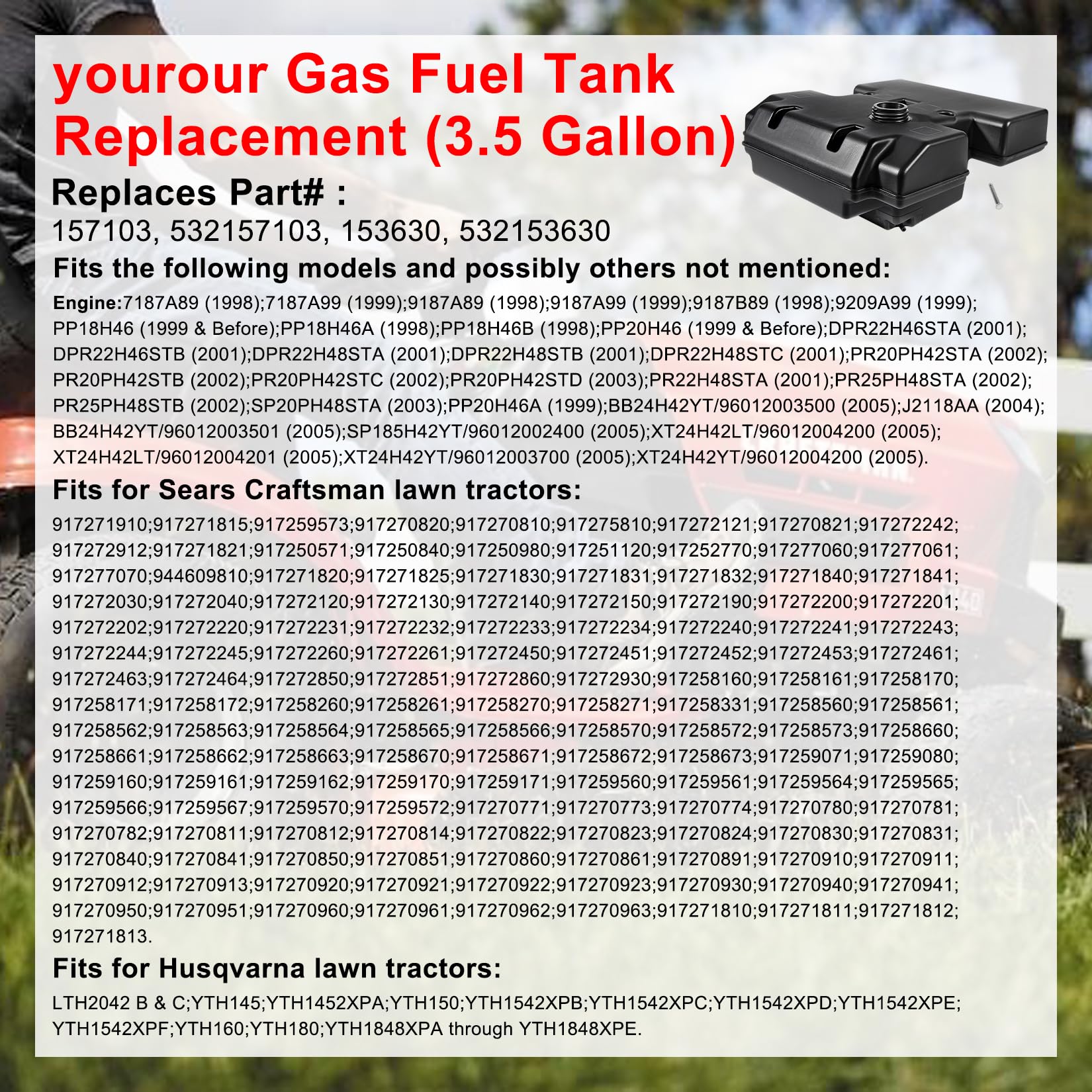 Yourour 3.5 gal gas fuel tank side view highlights broad compatibility for many mowers