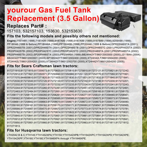 Yourour 3.5 gal gas fuel tank side view highlights broad compatibility for many mowers
