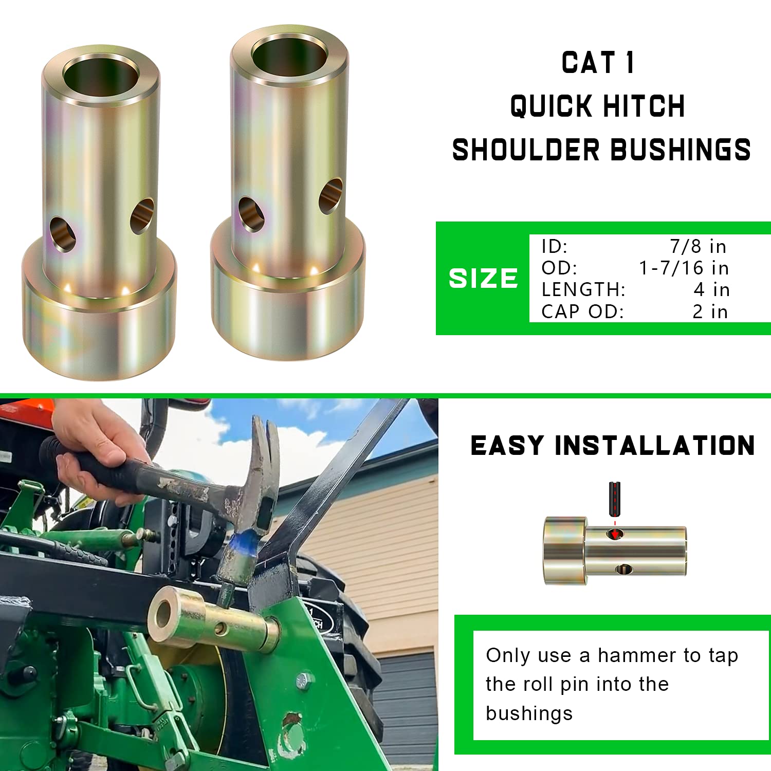 Yoursme Cat 1 bushings next to tractor hitch illustrating Speeco and Deere compatibility.