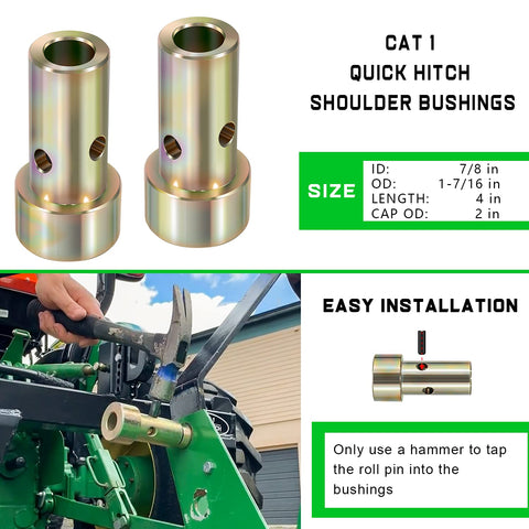 Yoursme Cat 1 bushings next to tractor hitch illustrating Speeco and Deere compatibility.