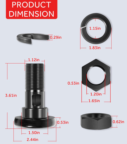 Yoursme 1-1/8 inch thread diameter and 2-1/2 inch bolt length.