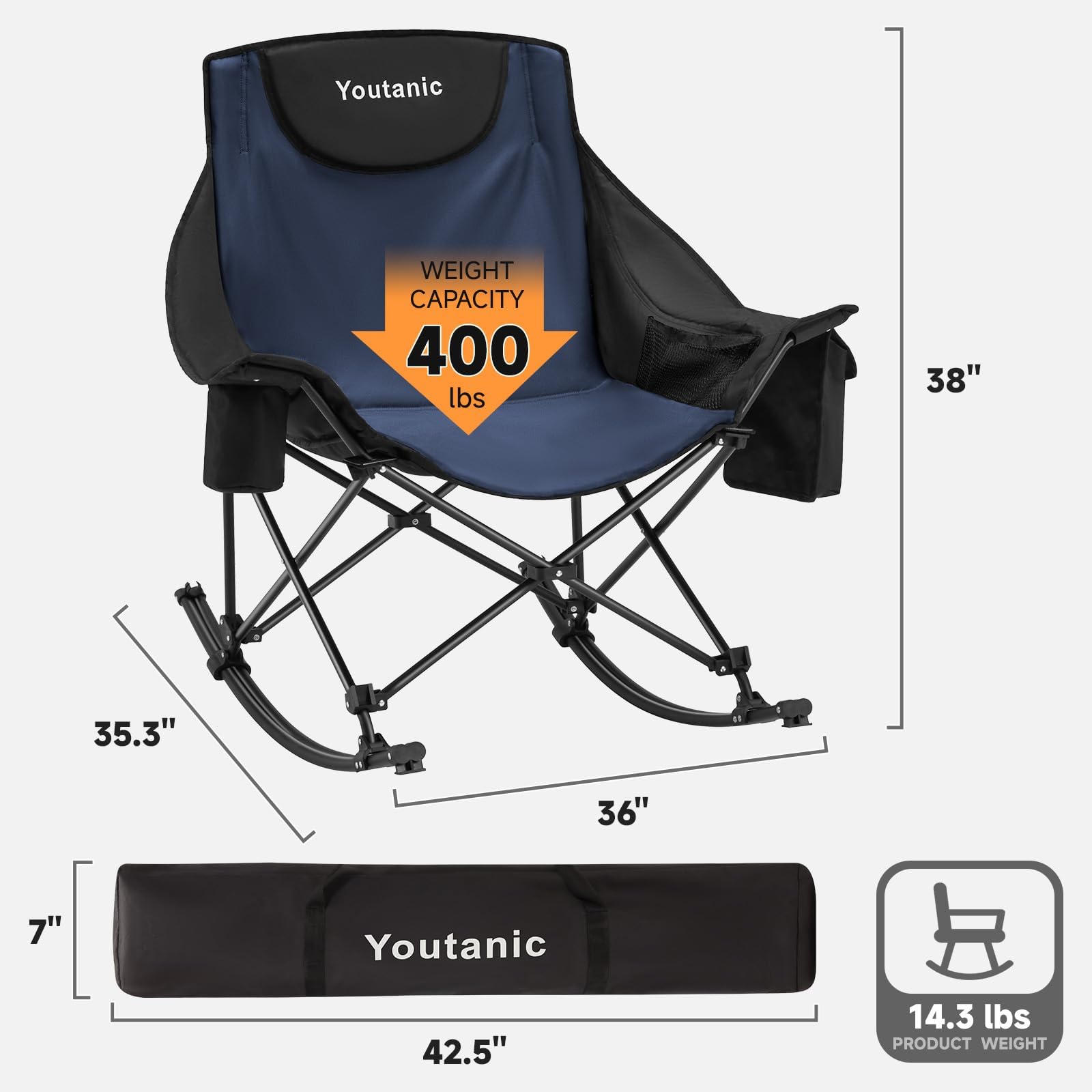 Youtanic oversized rocking chair side view highlighting portable design for outdoor trips.