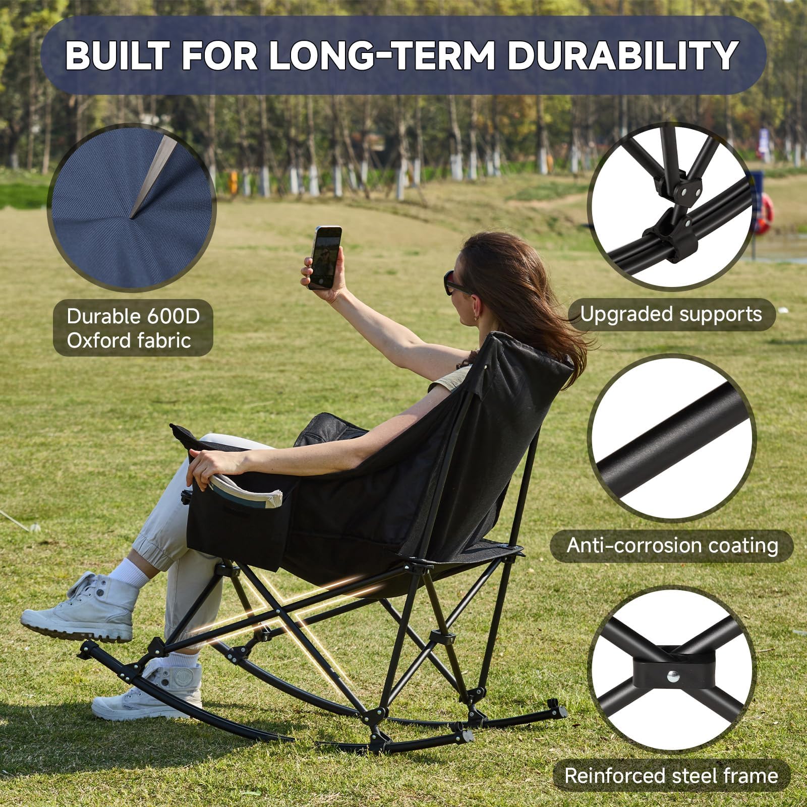 Youtanic rocking chair cup holder detail supports hands-free beverages during camping.
