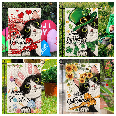 YOVOYOA cat garden flag for St. Patrick's Day, festive greens.