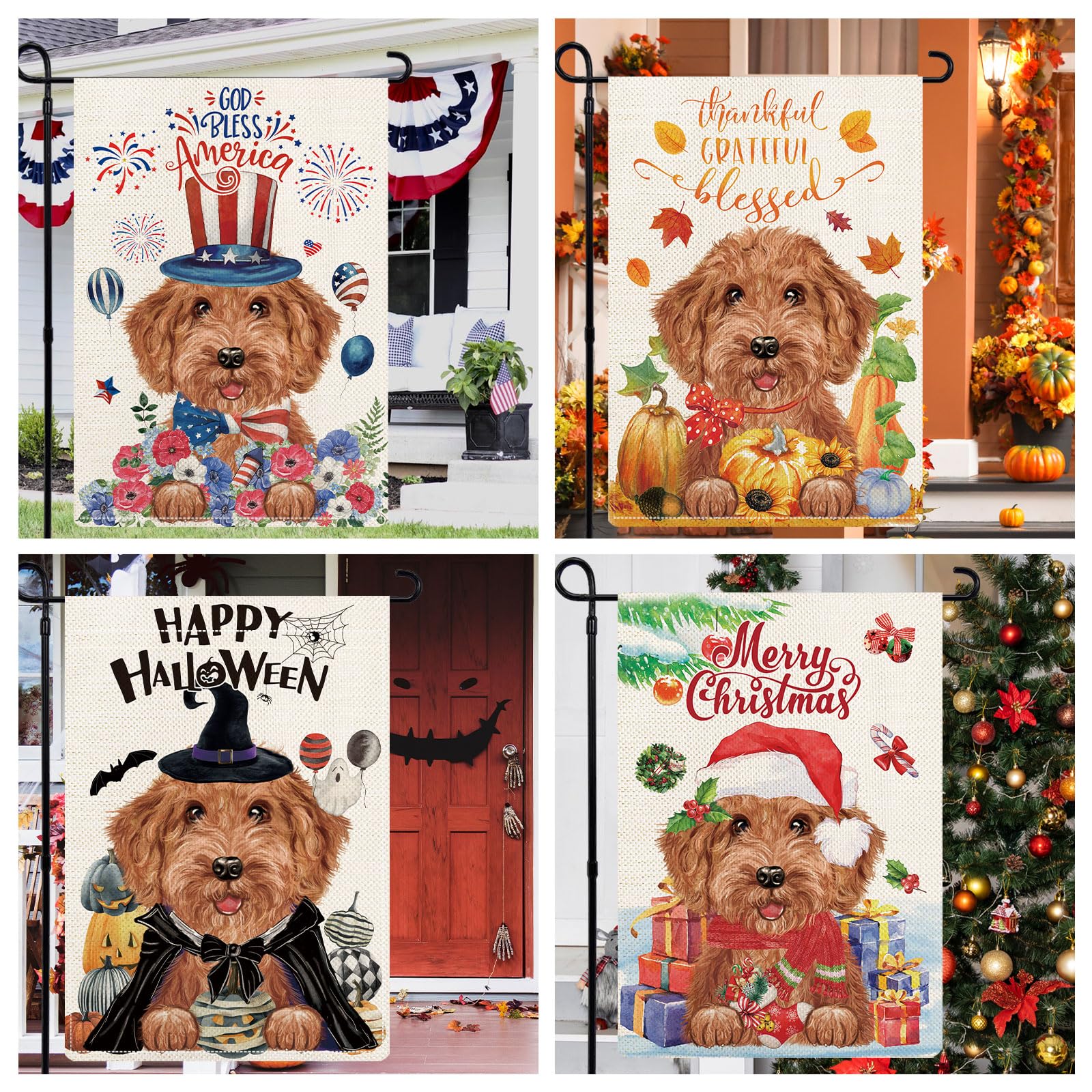 YOVOYOA Golden Doodle Thanksgiving flag celebrates autumn warmth on porches.