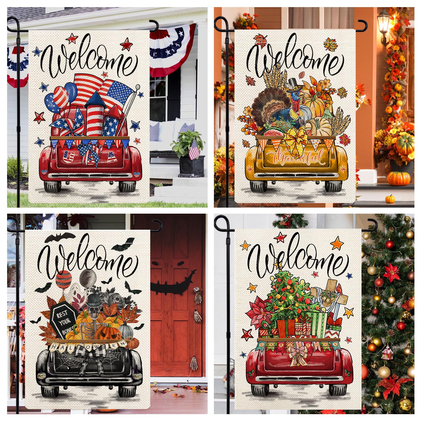 YOVOYOA rustic truck garden flag Easter welcomes guests with cheerful spring colors