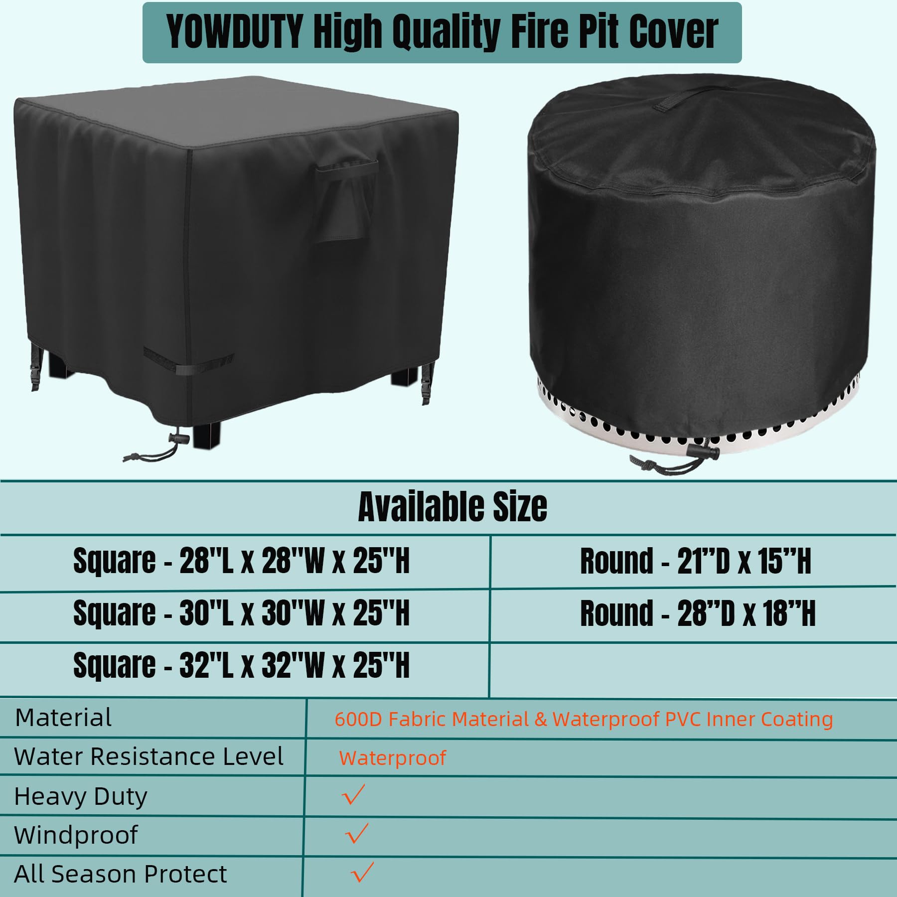 YOWDUTY care tips graphic shows rainwater management for the cover.