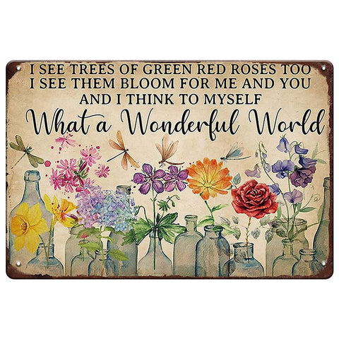 YOYI ART Dragonfly and Flowers Tin Sign adds vintage charm to garden decor.
