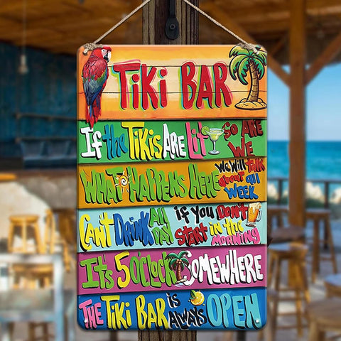 YOYI ART tiki bar sign in metal tin adds vintage curb appeal to outdoor walls.