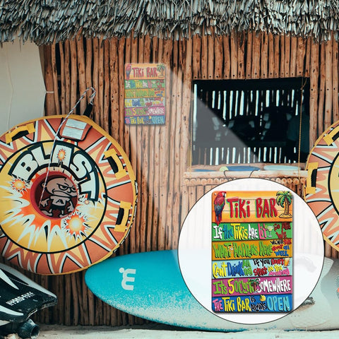 YOYI ART tiki bar sign pairs with outdoor furniture on walls.