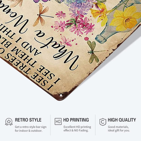 YOYI ART Dragonfly and Flowers tin sign brings nostalgic flair to spaces.