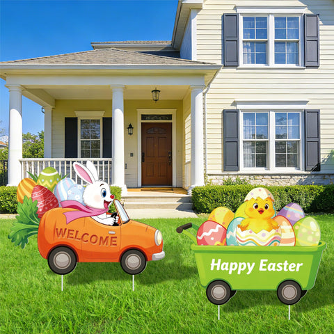 YOYOJOY Bunny driving carrot truck yard sign for outdoor spring welcome.