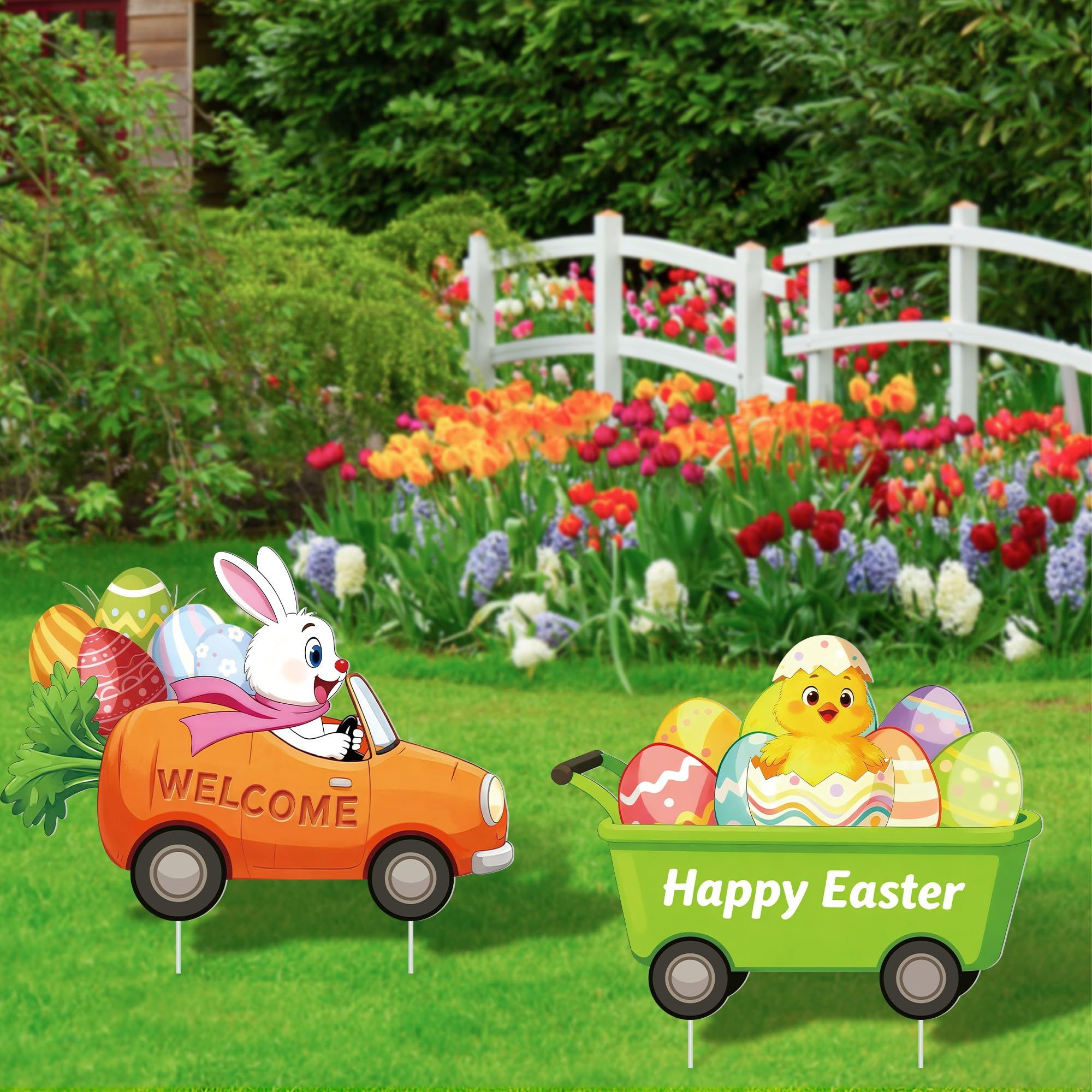 YOYOJOY Outdoor Easter yard sign is weatherproof and easy to install.