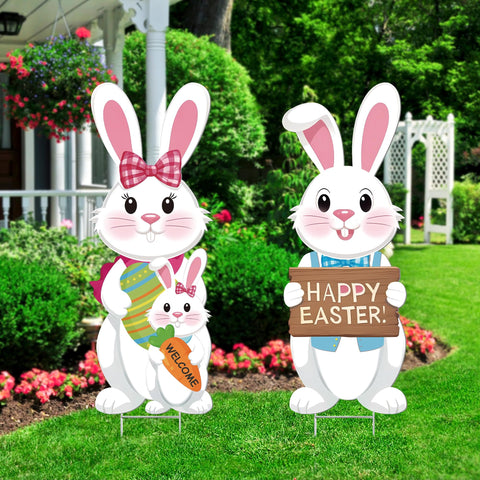 YOYOJOY Easter bunny family yard signs set in 32in size for a lively lawn display.