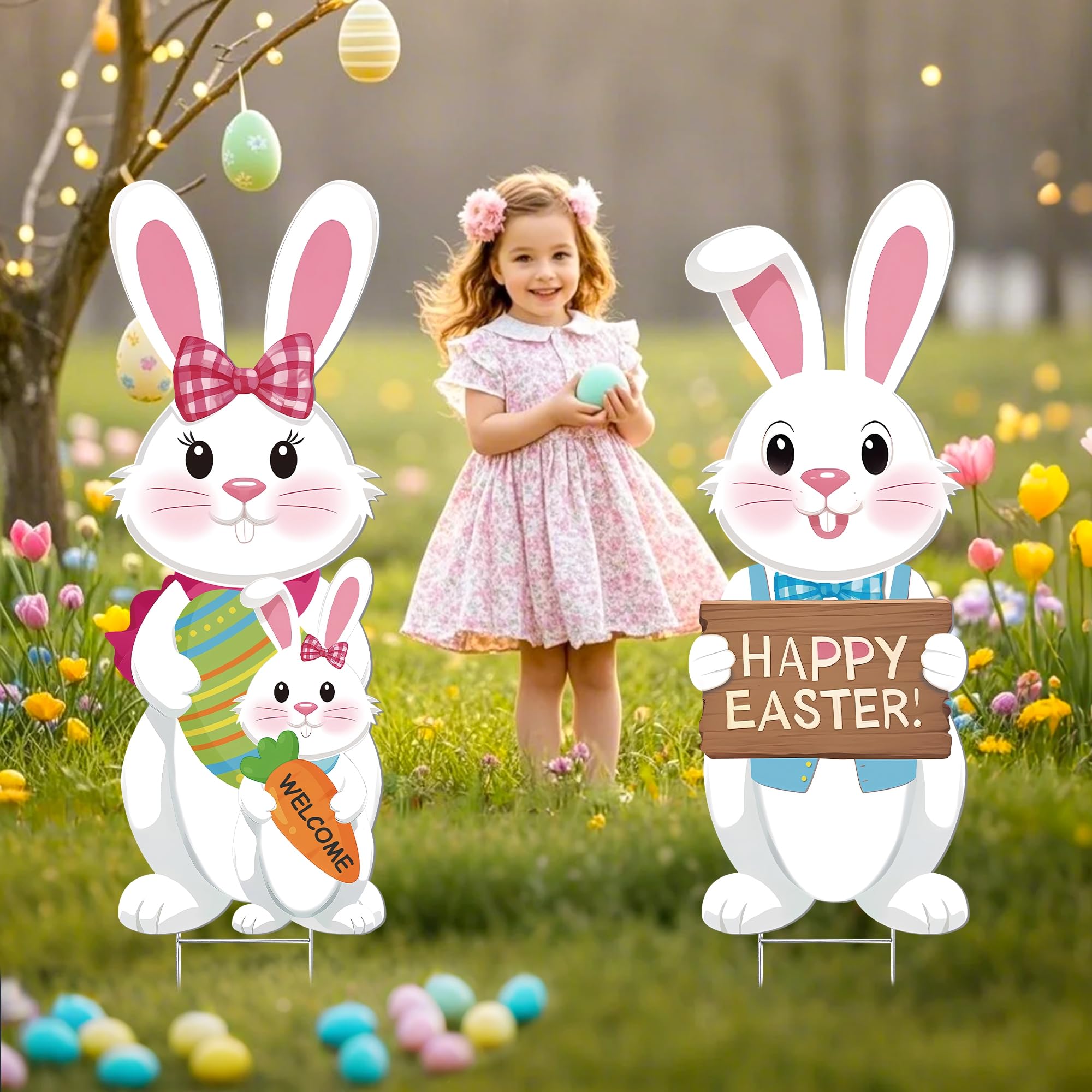 YOYOJOY brightly colored bunny decor enhances the garden Easter ambiance.