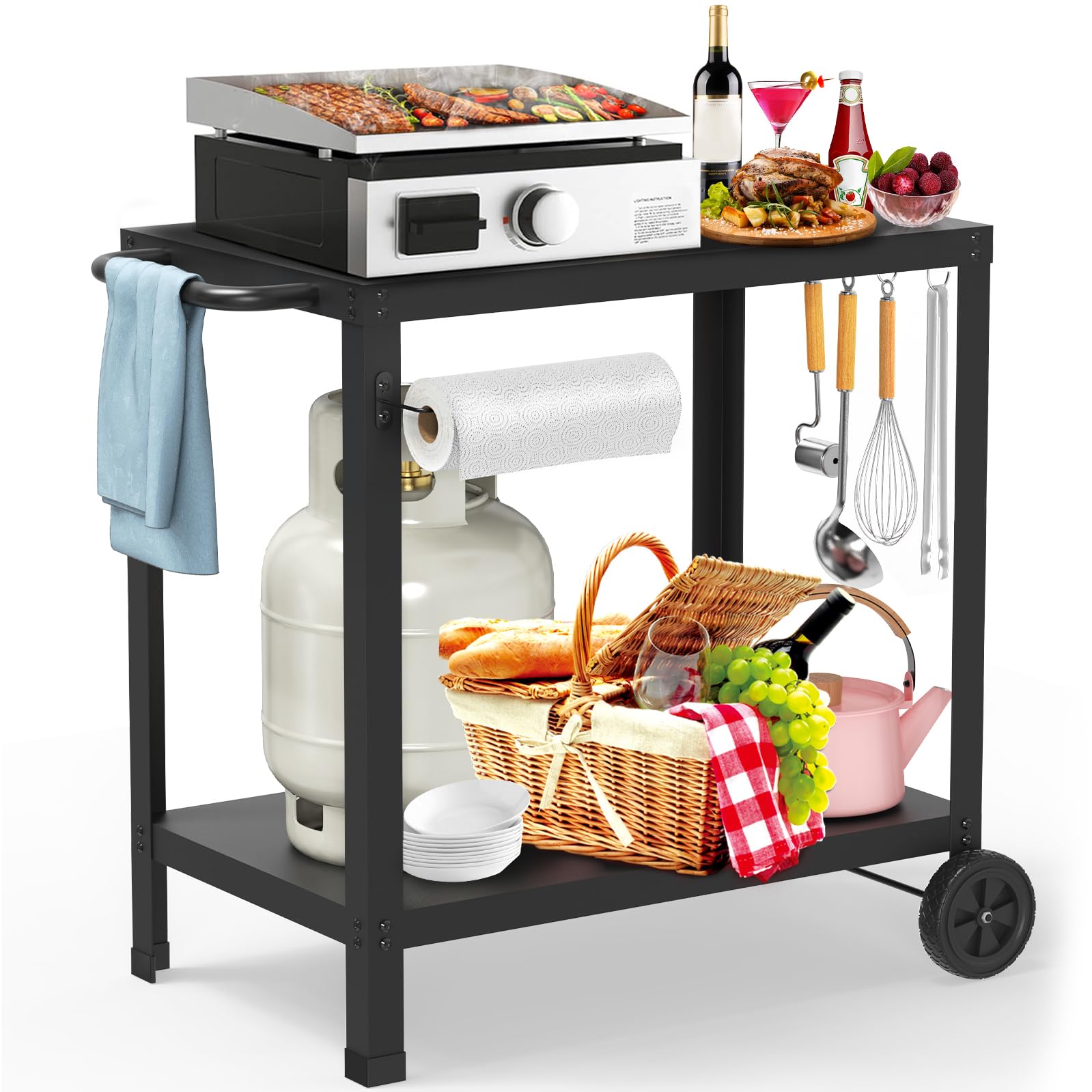 Yozoia 32x20in double-shelves grill table for outdoor use with extra storage.