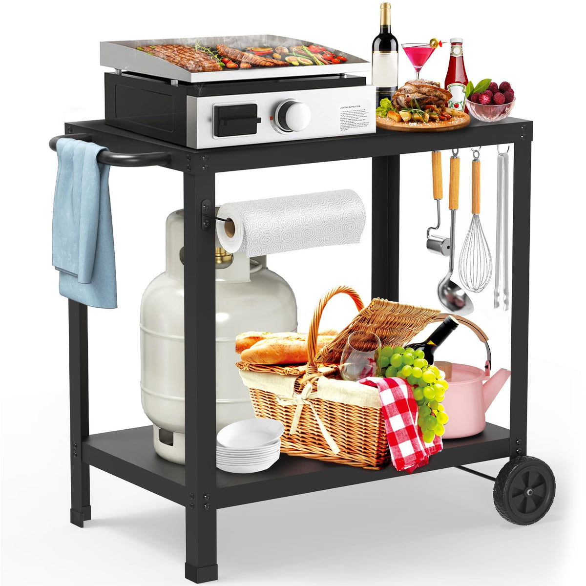 Yozoia 32x20in double-shelves grill table for outdoor use with extra storage.