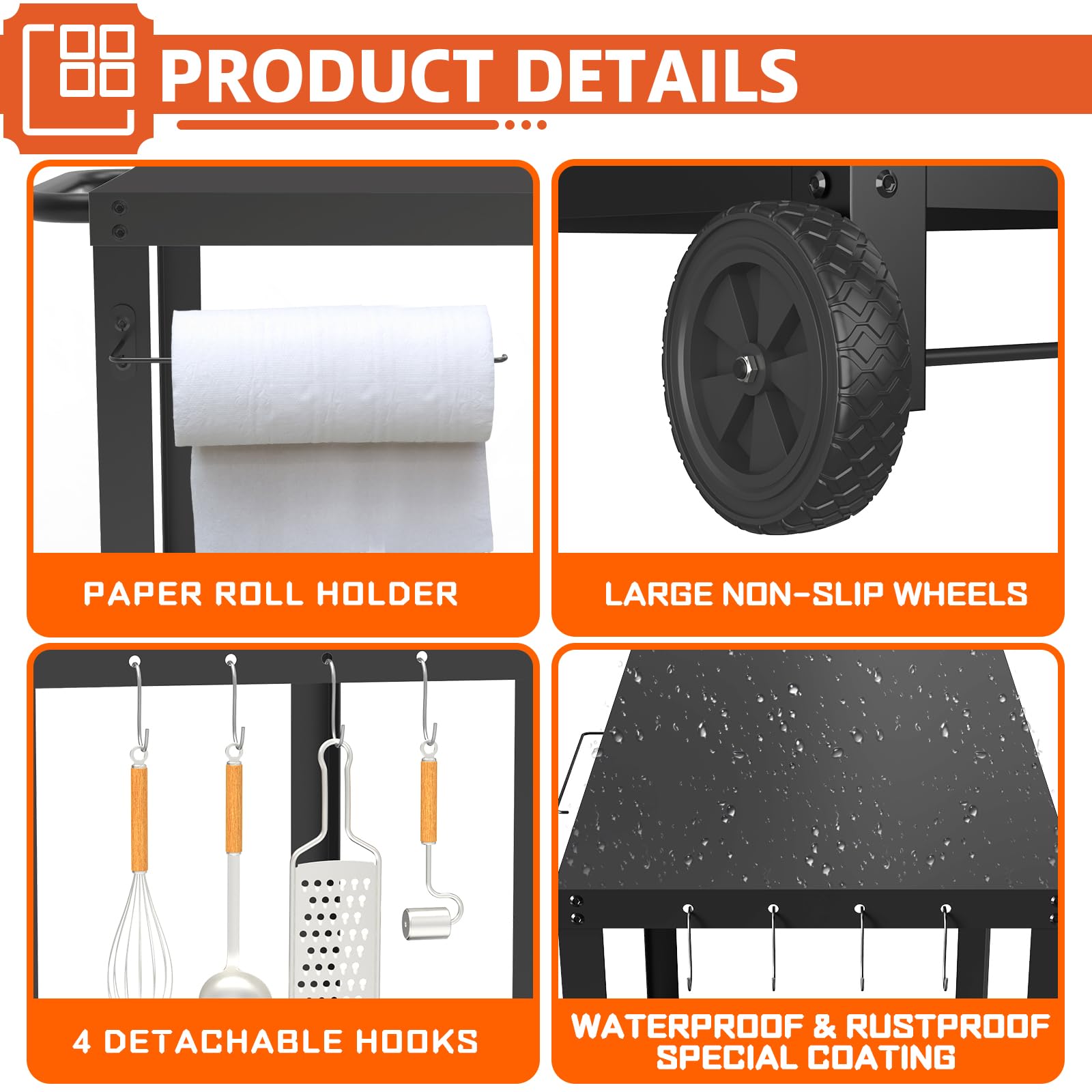 Yozoia grill table with wheels and handle for easy patio mobility.