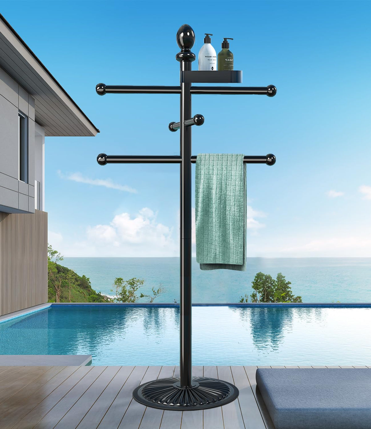 Yozoluck pool towel rack with heavy-base for secure towel storage by the pool.