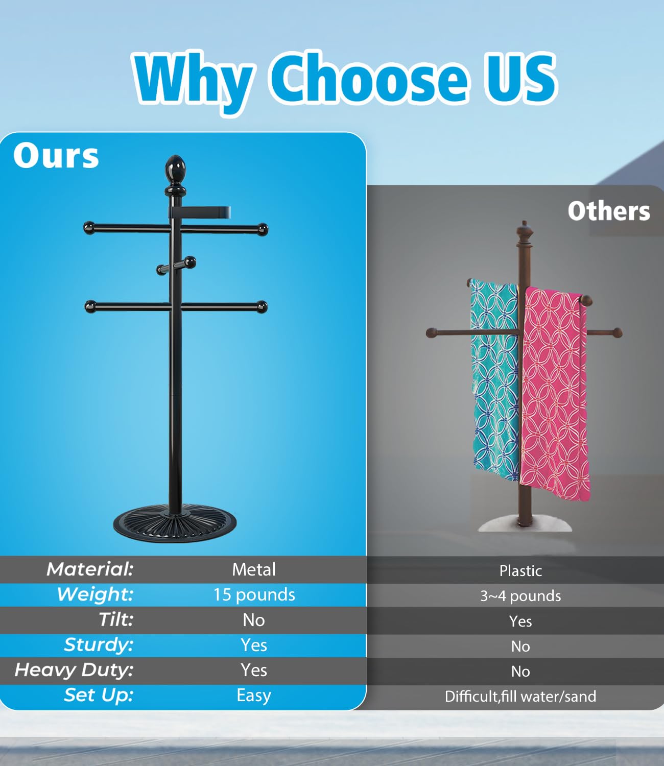 Yozoluck spa and poolside towel stand complements outdoor spaces.