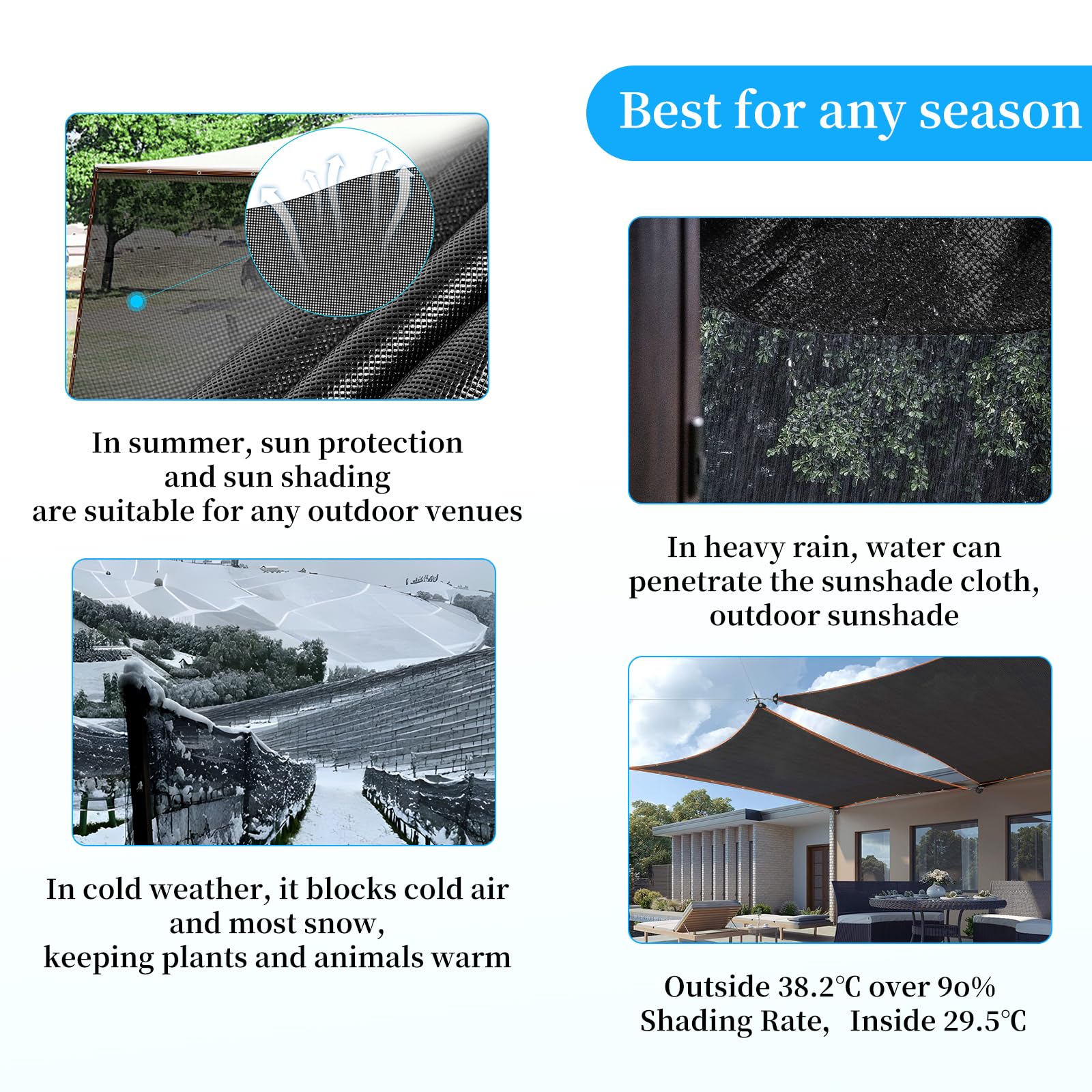 YQLBGPRJ weather-ready shade tarp blocks sun while letting rain pass through.