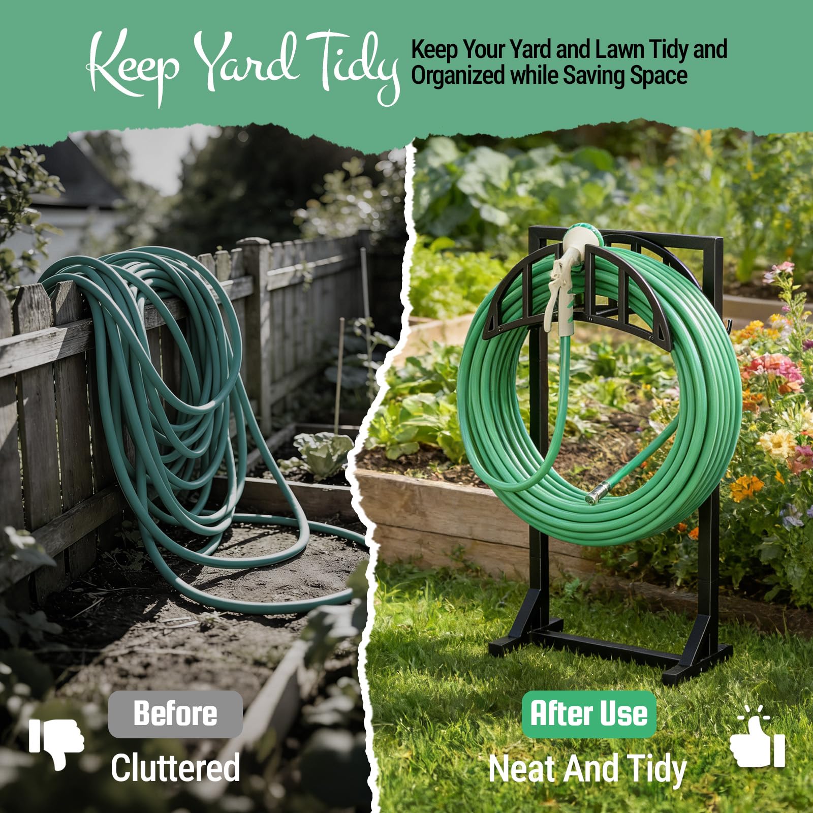 YQSLYSF freestanding rack keeps hoses neatly organized off the ground