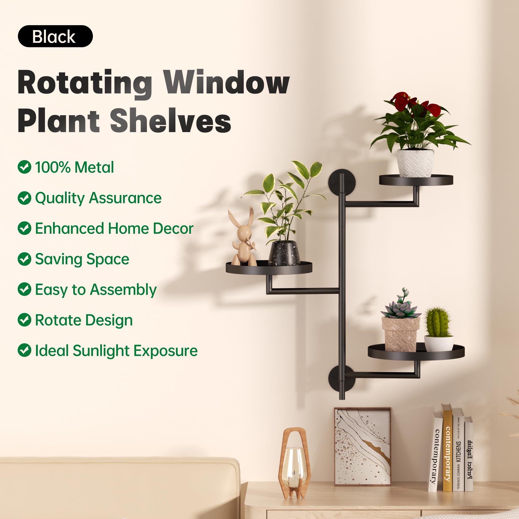 YQSLYSF window rotating plant stand right view displays sturdy metal and rims