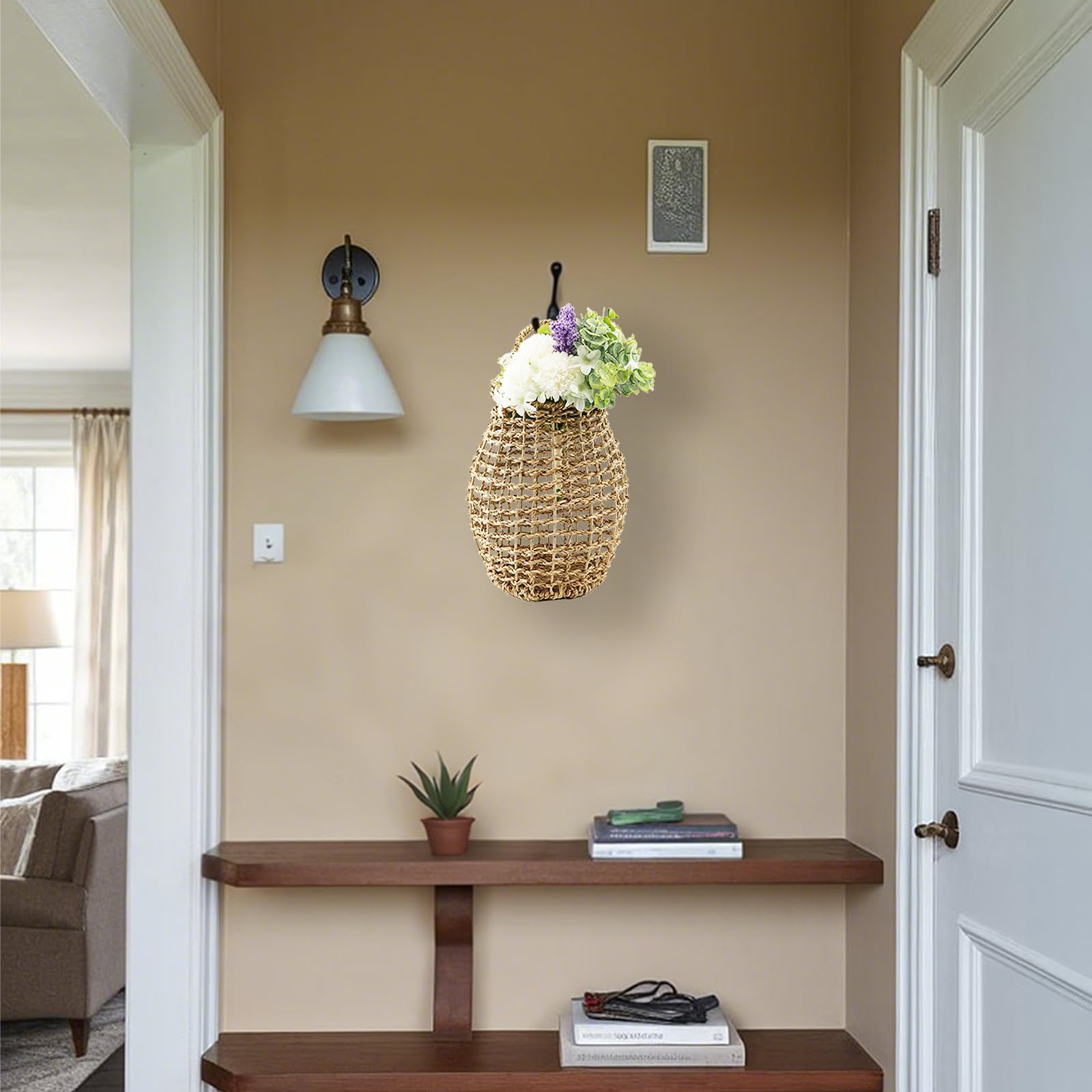 YRMTKIHE front-door seagrass basket for flowers adds boho charm.