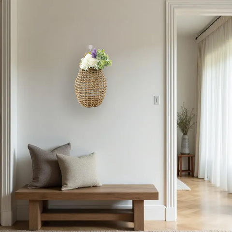 YRMTKIHE handmade seagrass basket with iron frame offers durable display.