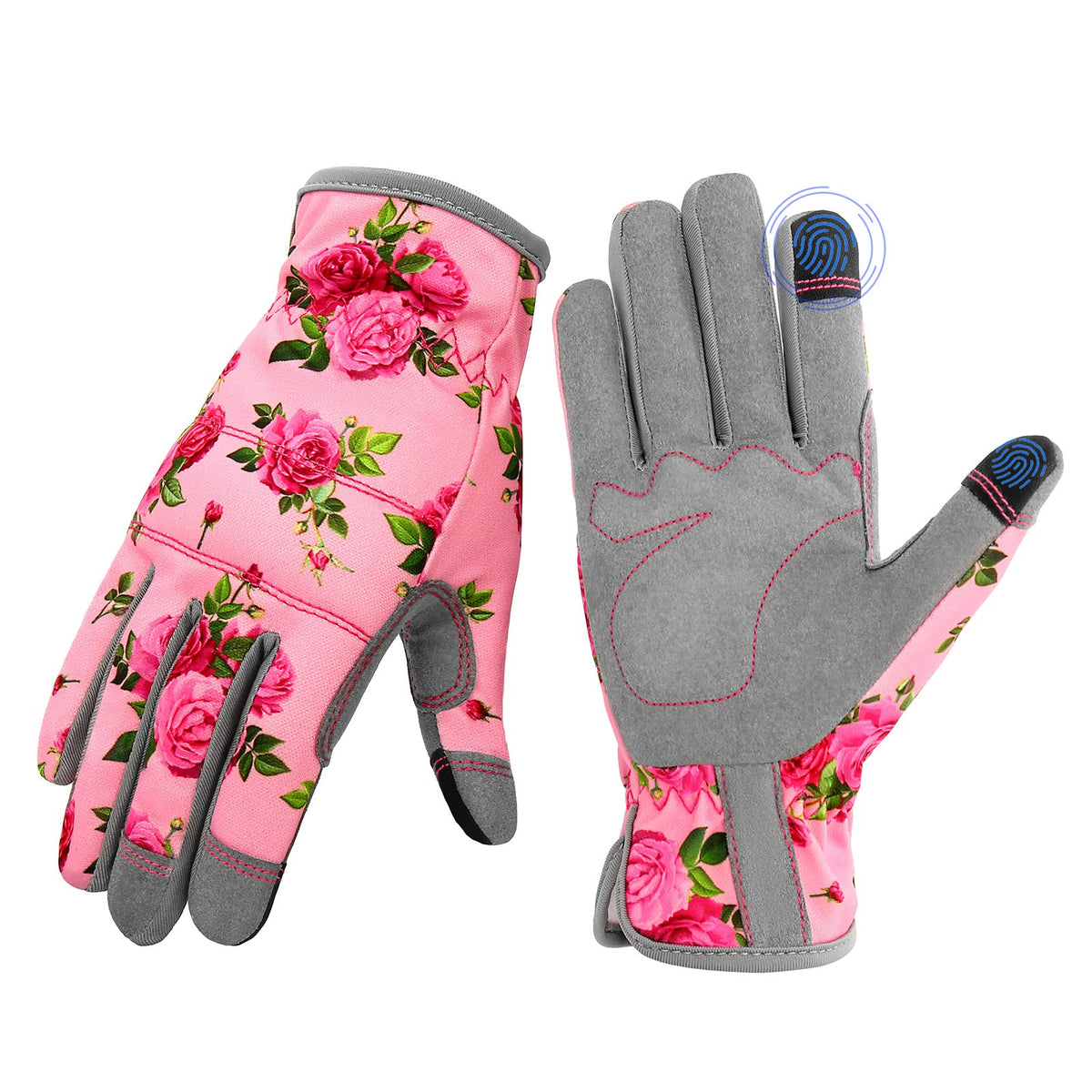 YRTSH leather gardening gloves for women in pink, close-up showing texture and abrasion resistance.