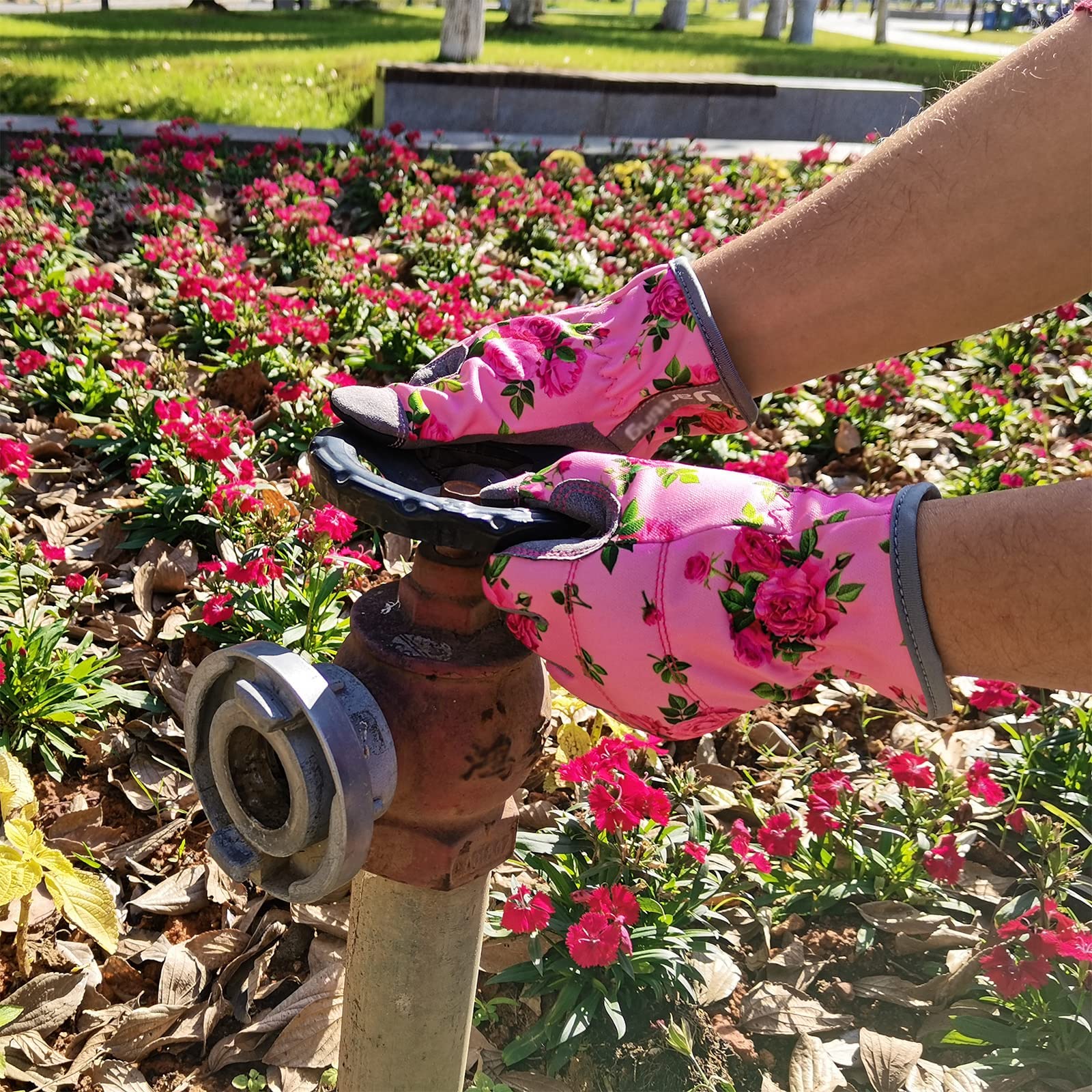 YRTSH gloves pink on hand with pull-on closure for easy on and off.