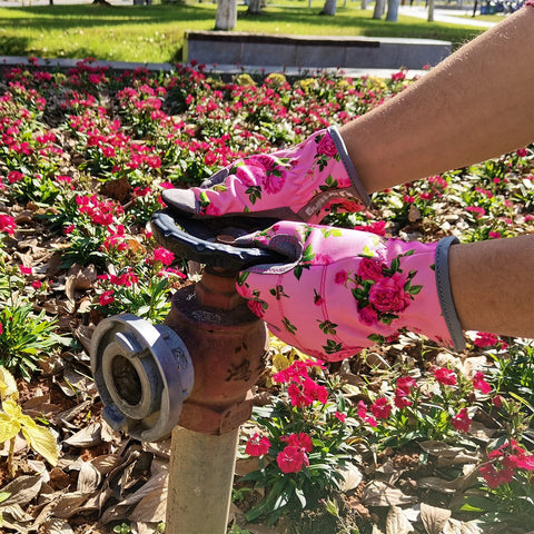 YRTSH gloves pink on hand with pull-on closure for easy on and off.