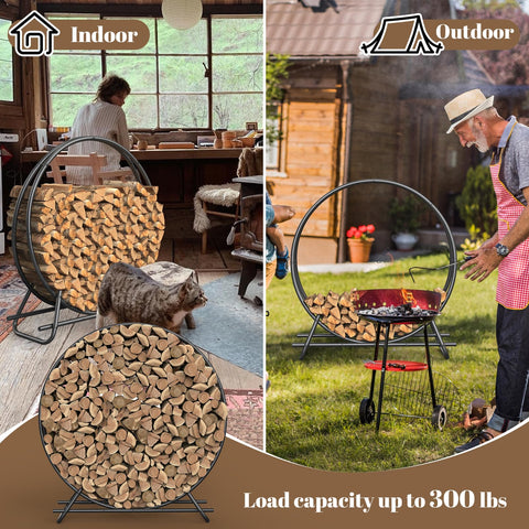 YSEJOMP firewood circle rack assembled outdoors demonstrates space-saving design.