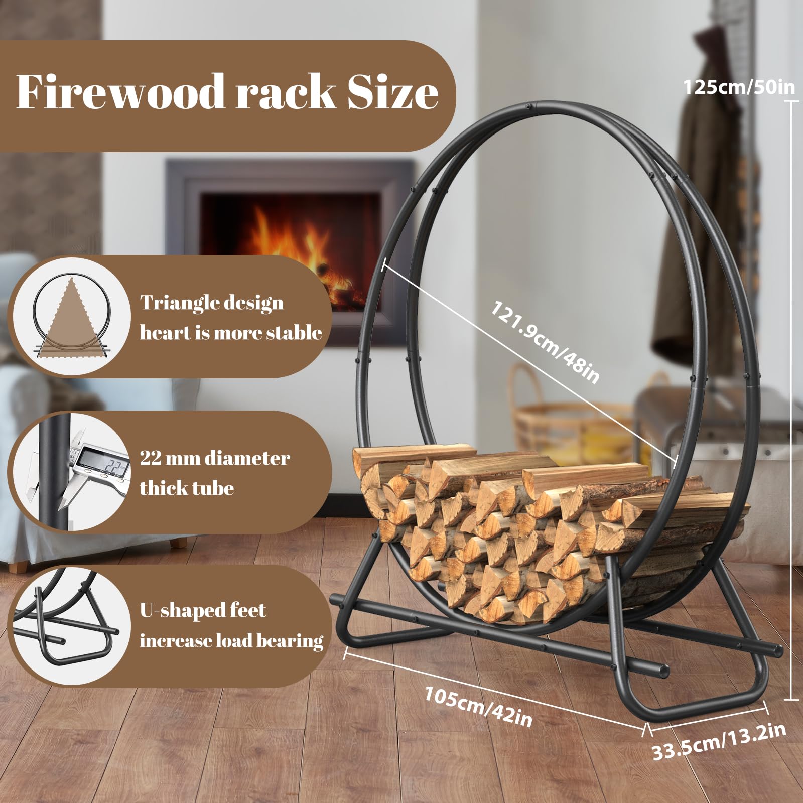 YSEJOMP firewood circle rack side-view highlights compact footprint for small spaces.