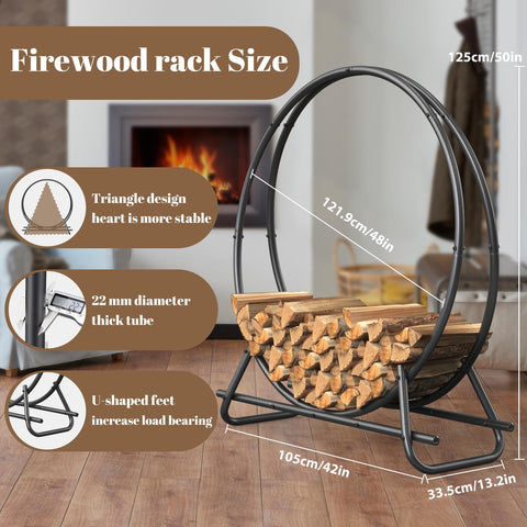 YSEJOMP firewood circle rack side-view highlights compact footprint for small spaces.