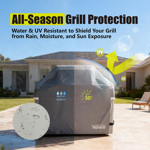 YSPACE Grill Cover with adjustable windproof straps securing a grill.
