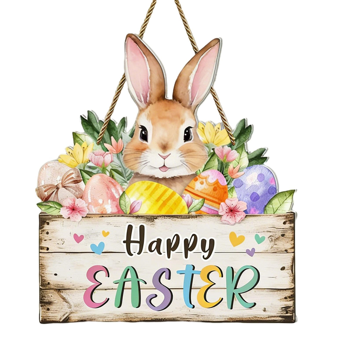 YSUNZIA Easter door hanger with bunny peeking among eggs for festive curb appeal.